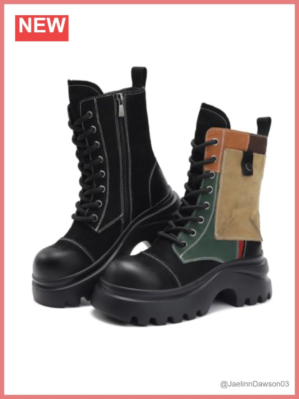 Womens Lace Up Boots Leather Mixed Texture Round Toe Platform Ankle Boots